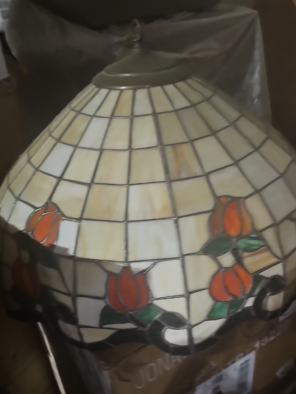 Stained Glass Tiffany-Style Pendant Lamp with Orange Floral Motif